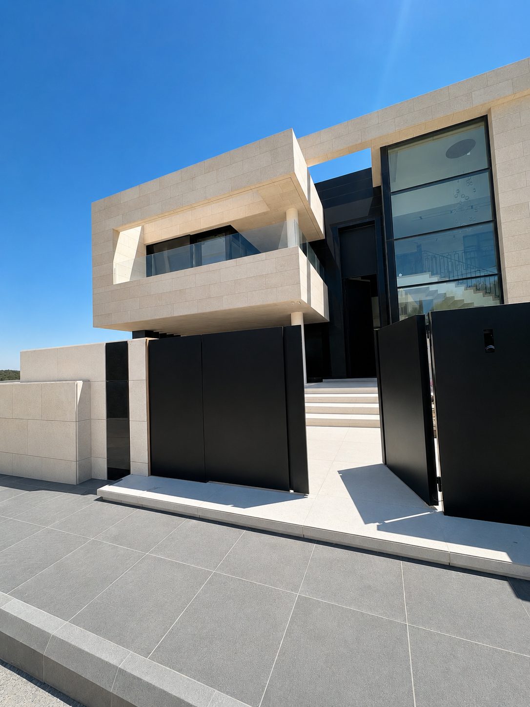 Modern stone villa facade with black gate