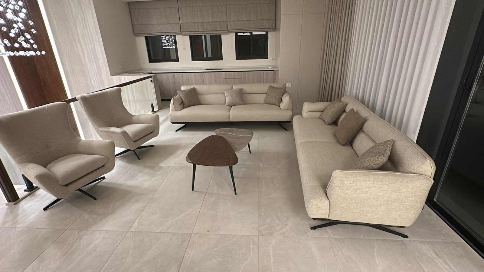 Living room with sculpted sofas